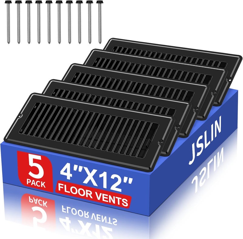JSLIN Store 4x12 Floor Regsiter Vent Covers for Home Floor Wall Ceiling - Black with Screws for Easy Installation - Heavy Duty Steel Walkable Finish for Quiet Adjustable Air Vent Cover 4‘’ x 12‘’- 5 Pack - Image 1
